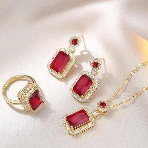 Peora Gold Plated Cubic Zirconia Studded Pendant Chain Drop Earrings & Finger Ring Embellished Jewellery Set for Women